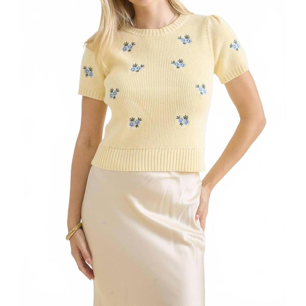 NEW THE WORKSHOP STUDIO floral embroidery short sleeve sweater in butter yellow